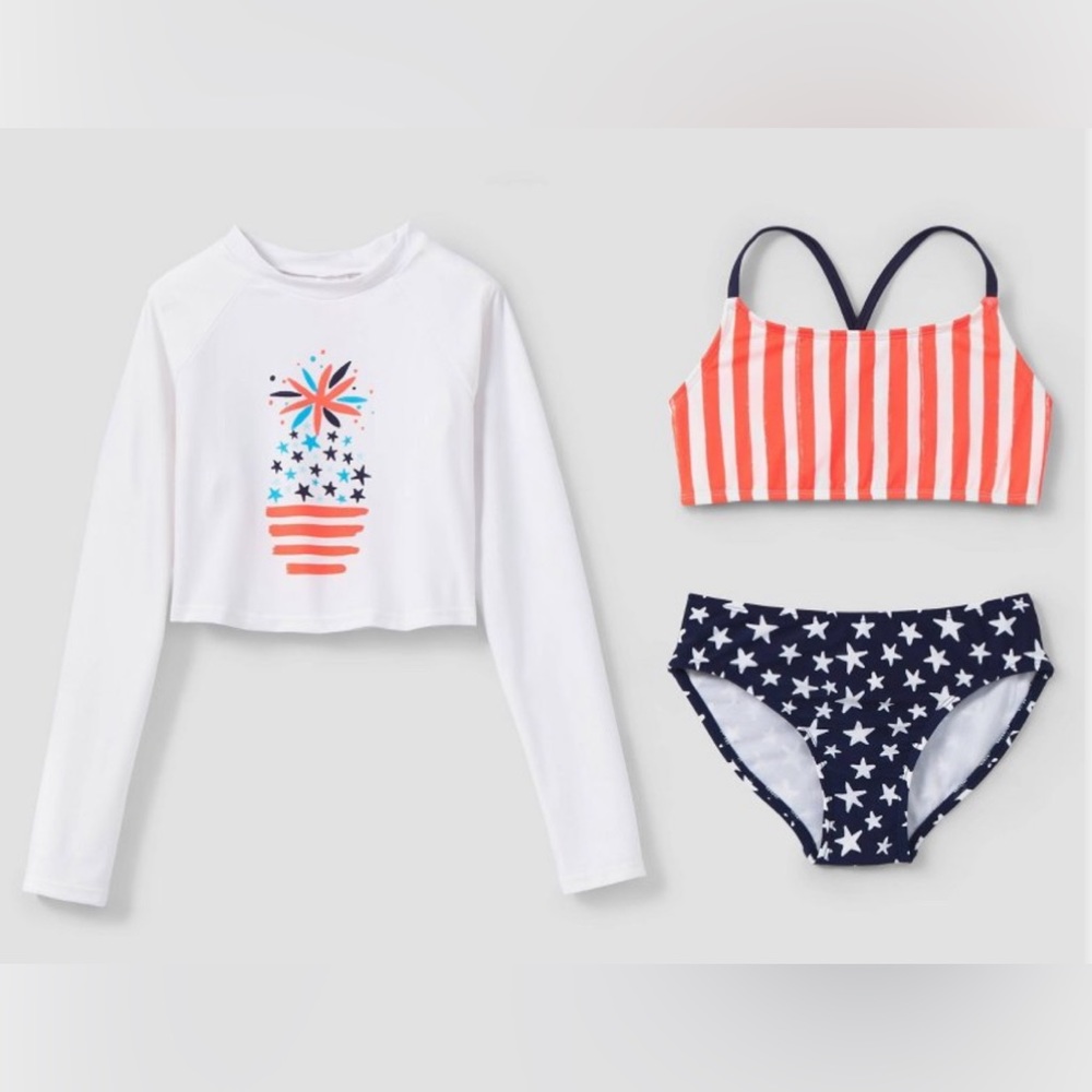 Cat & Jack Girls Stars & Stripes 3 Piece Rashguard/Sun Protection Set XS…